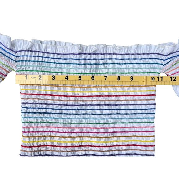Aqua Rainbow Stripe Off Shoulder Smocked Ruffle Crop Top - Size XS - Picture 9 of 11